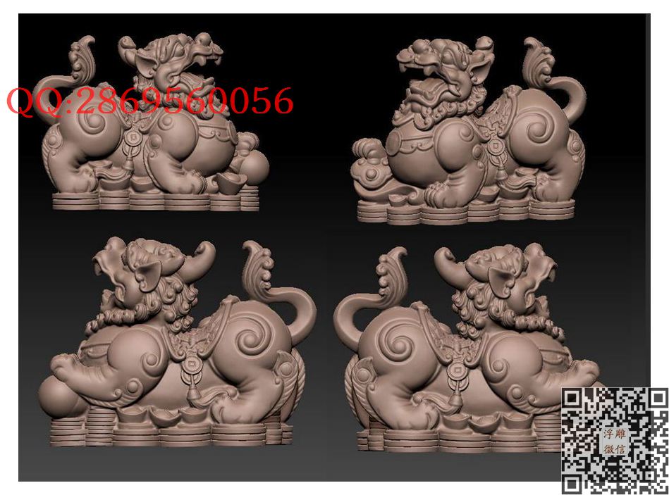 776麒麟  貔貅 一对_STL圆雕图立体模型3d打印核雕精雕图浮雕图
